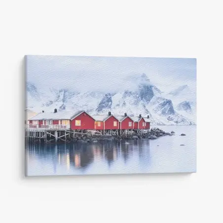 Cuadro en lienzo amanecer en Lofoten: cabañas rojas sobre el fiordo – Pixers®