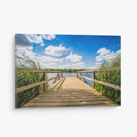 Cuadro en lienzo muelle de madera hacia el lago bajo cielo azul – Pixers®