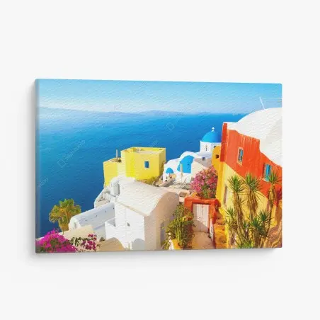 Cuadro en lienzo amanecer en Santorini: cúpulas azules y casas blancas – Pixers®