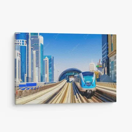 Cuadro en lienzo tren metropolitano entre rascacielos – Pixers®