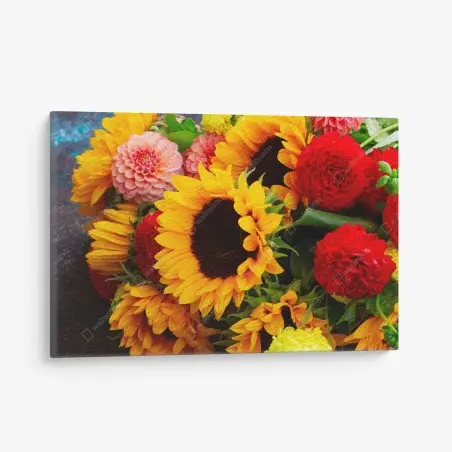 Cuadro en lienzo explosión floral: girasoles y dalias vibrantes – Pixers®