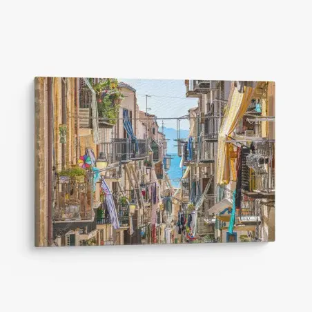 Cuadro en lienzo balcones coloridos con vista al mar – Pixers®