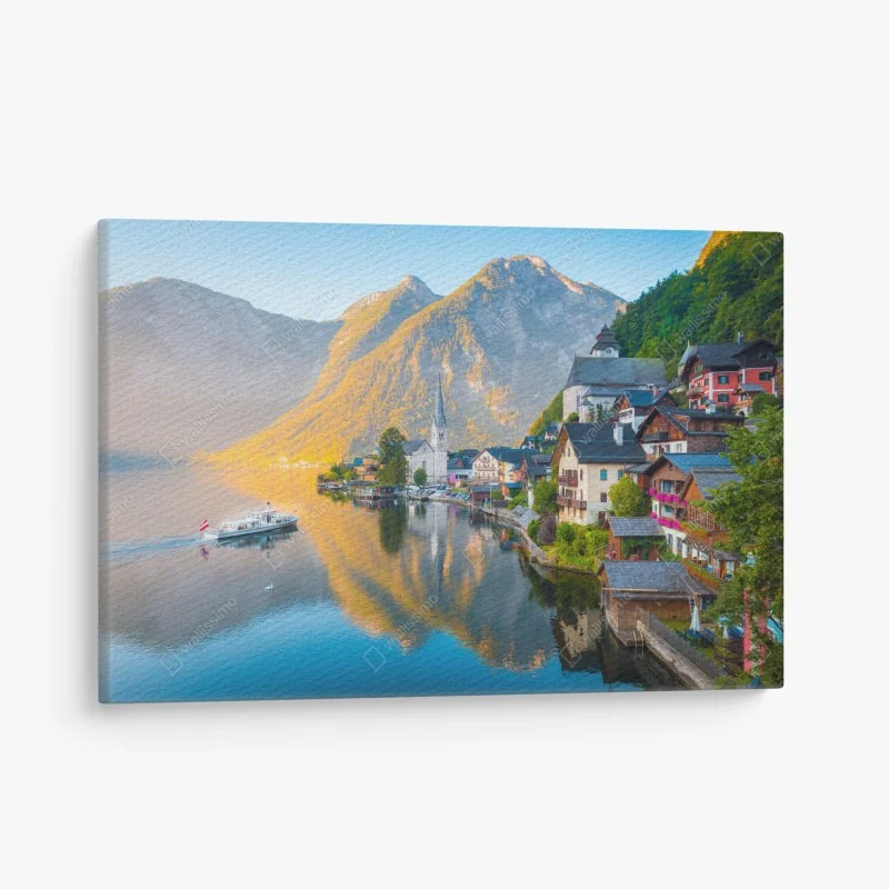 Cuadro en lienzo amanecer en Hallstatt: tranquila vista al lago