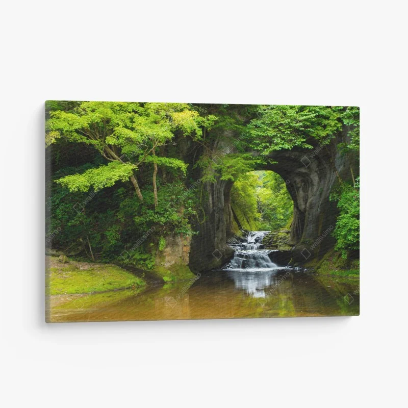 Cuadro en lienzo arco natural con cascada en bosque verde