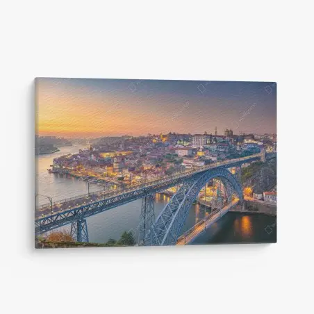 Cuadro en lienzo puesta de sol en Oporto con puente iluminado – Pixers®