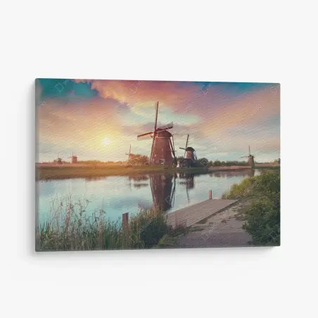 Cuadro en lienzo paisaje de molinos al atardecer con reflejos en el agua – Pixers®