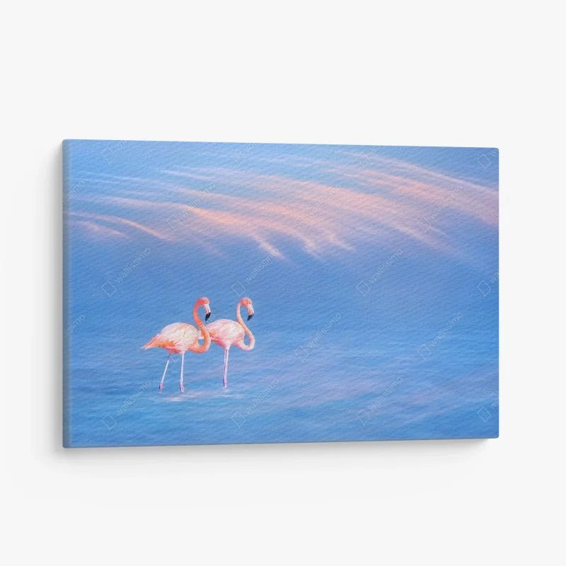 Cuadro en lienzo pareja de flamencos sobre agua azul al atardecer