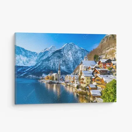 Cuadro en lienzo paisaje invernal de Hallstatt junto al lago – Pixers®