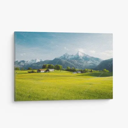 Cuadro en lienzo serenidad alpina: pradera y cumbres nevadas – Pixers®