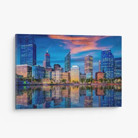 Cuadro en lienzo puesta de sol en Perth: skyline reflejado sobre el río – Pixers®