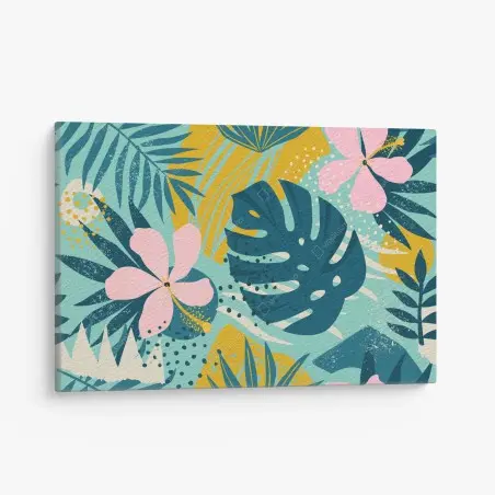 Cuadro en lienzo diseño tropical moderno con hojas de monstera y hibisco – Pixers®