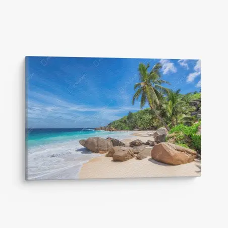 Cuadro en lienzo escena de playa tropical con palmeras y rocas – Pixers®