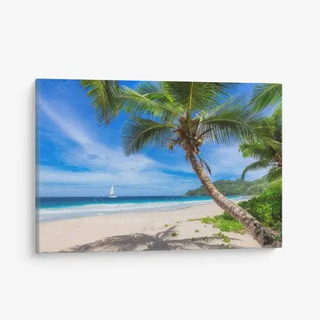 Cuadro en lienzo escena de playa tropical con palmera inclinada y velero – Pixers®