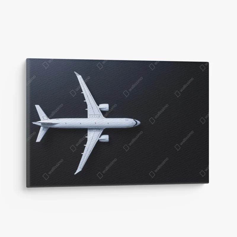 Cuadro en lienzo silueta aérea minimalista de avión blanco sobre fondo negro
