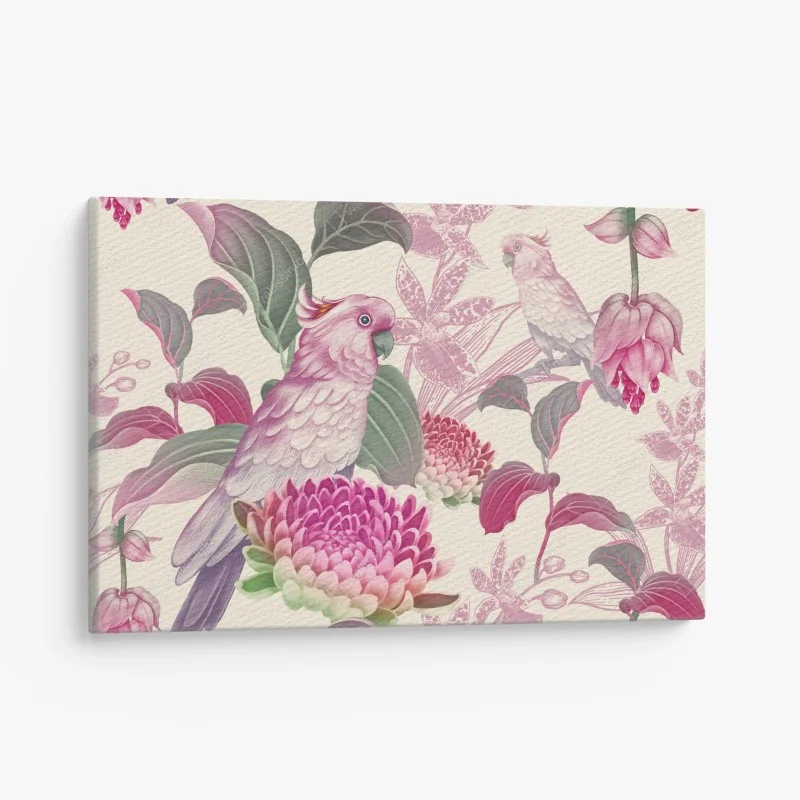 Cuadro en lienzo cacatúas y flores tropicales en tonos pastel