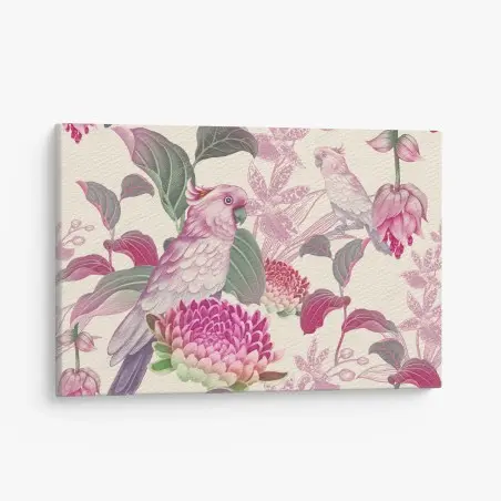Cuadro en lienzo cacatúas y flores tropicales en tonos pastel – Pixers®