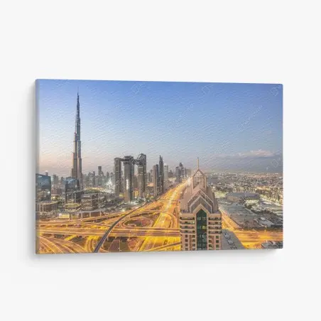 Cuadro en lienzo amanecer en Dubai: horizonte de rascacielos – Pixers®