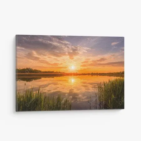Cuadro en lienzo puesta de sol dorada sobre el lago – Pixers®