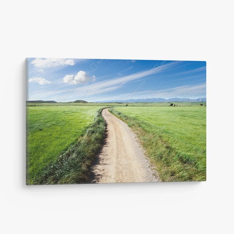 Cuadro en lienzo camino campestre hacia montañas bajo cielo azul