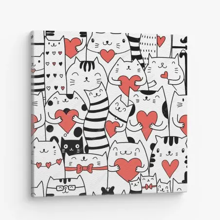 Cuadro en lienzo patrón de gatos con corazones – Pixers®