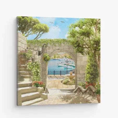 Cuadro en lienzo rincón mediterráneo junto al puerto – Pixers®