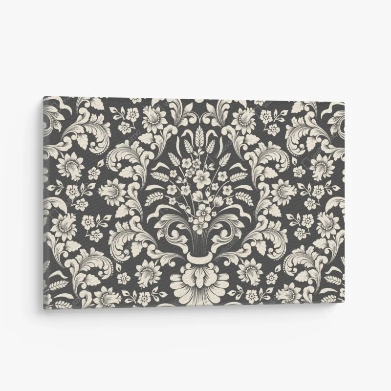 Cuadro en lienzo motivo damasco floral en tonos crema y gris oscuro