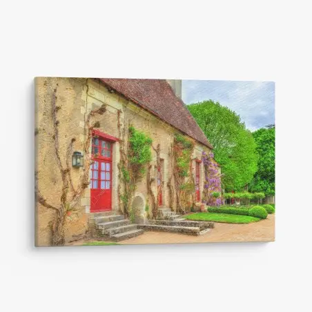 Cuadro en lienzo fachada rústica con puertas rojas y glicinia – Pixers®