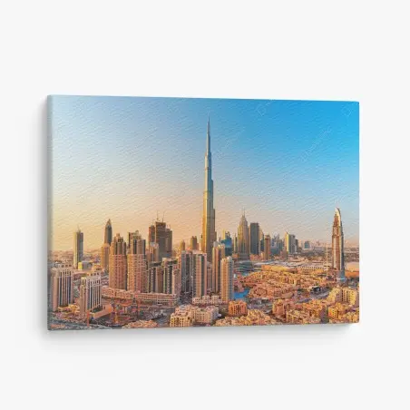 Cuadro en lienzo amanecer sobre Dubai: horizonte icónico con Burj Khalifa – Pixers®