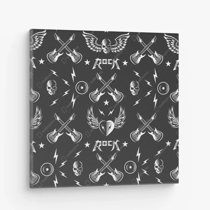 Cuadro en lienzo diseño rock en blanco y negro con guitarras y calaveras