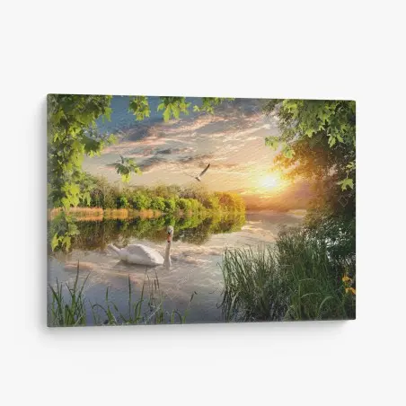 Cuadro en lienzo atardecer sereno en el lago con cisne – Pixers®