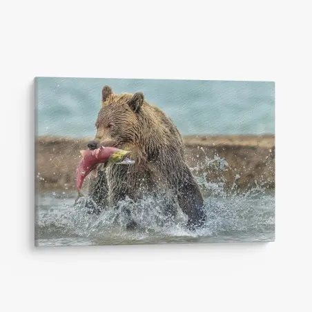 Cuadro en lienzo oso pardo capturando salmón en plena acción – Pixers®