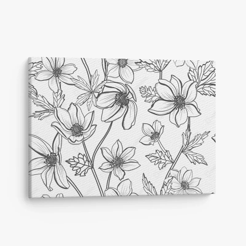 Cuadro en lienzo dibujo floral lineal en blanco y negro