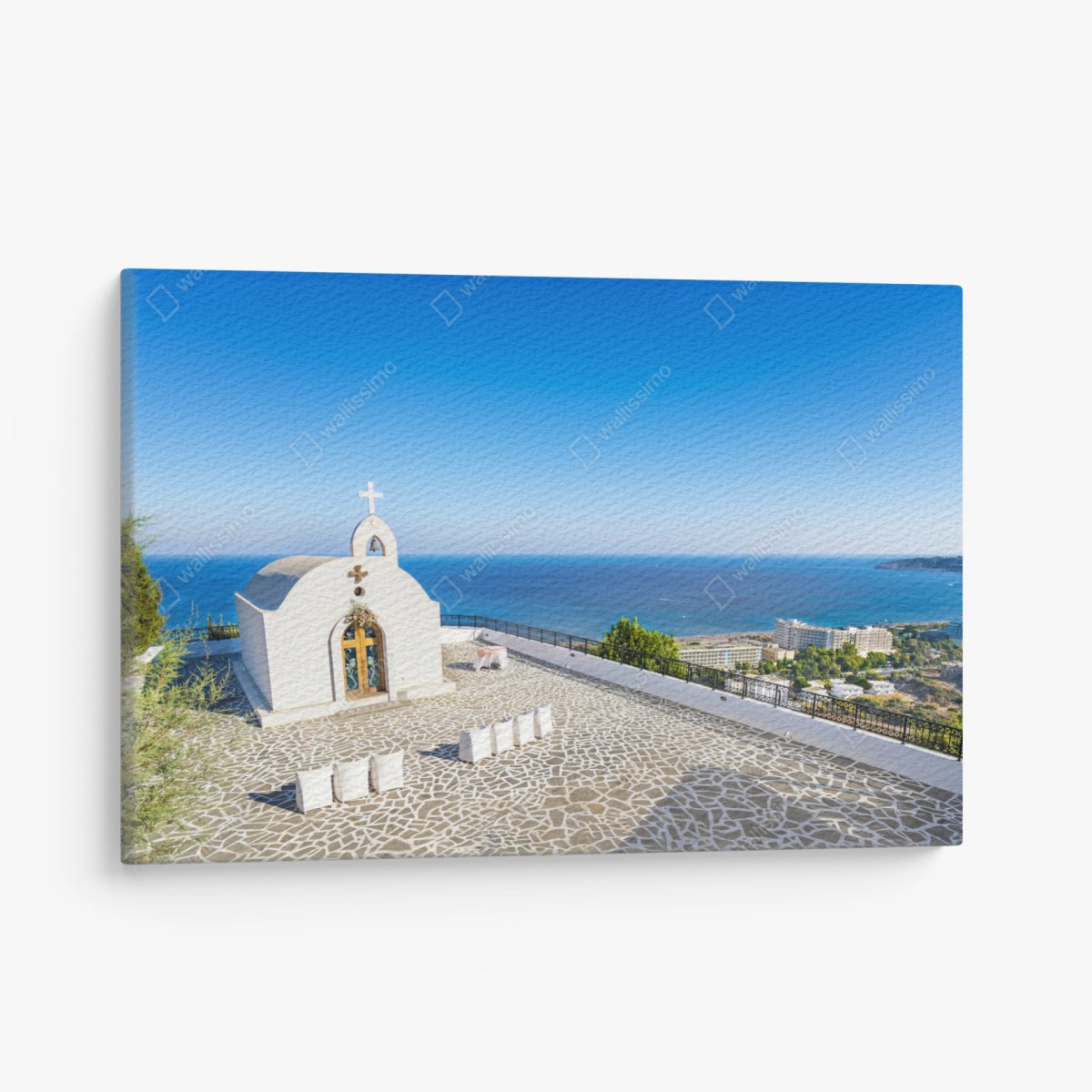 Cuadro en lienzo capilla blanca con vista al mar en Faliraki, Grecia – Pixers®