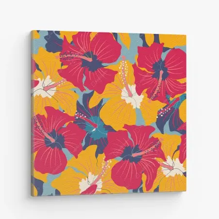 Cuadro en lienzo patrón floral retro de hibiscos coloridos – Pixers®