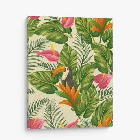 Cuadro en lienzo estampado tropical con tucán y hojas exuberantes – Pixers®