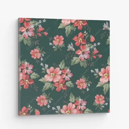 Cuadro en lienzo patrón floral vintage en tonos rosa y rojo sobre fondo verde oscuro – Pixers®