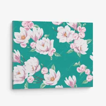 Cuadro en lienzo estampado de magnolias blancas sobre fondo verde azulado – Pixers®