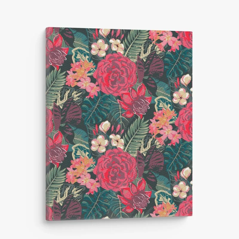 Cuadro en lienzo estampado floral tropical en tonos rojos