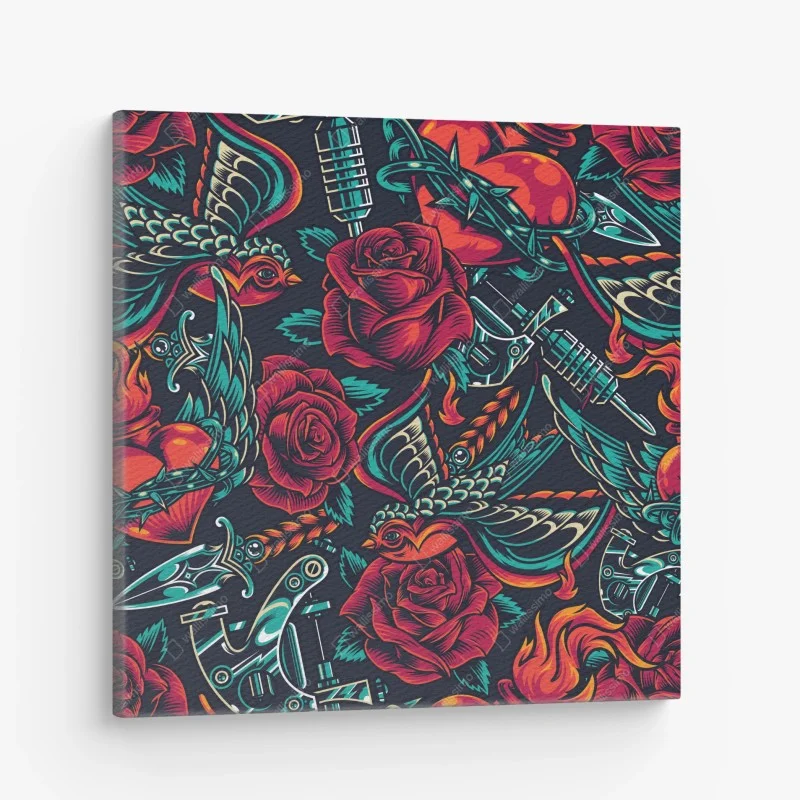 Cuadro en lienzo diseño retro de rosas y golondrinas con actitud rock