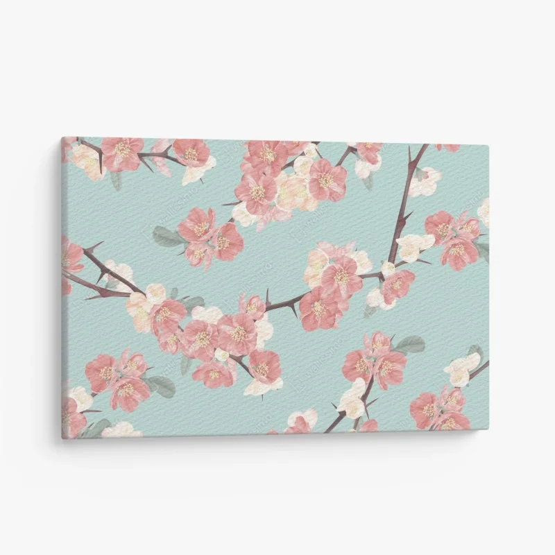 Cuadro en lienzo diseño floral de flores de cerezo sobre fondo verde menta