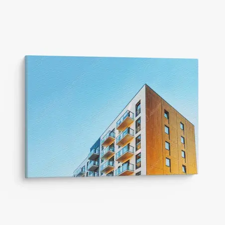 Cuadro en lienzo fachada contemporánea con balcones y cielo azul – Pixers®