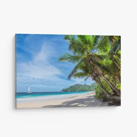 Cuadro en lienzo vista tropical de playa con palmeras y velero – Pixers®