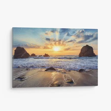 Cuadro en lienzo atardecer dorado en la costa rocosa – Pixers®