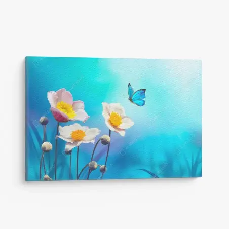 Cuadro en lienzo anémonas y mariposa azul sobre fondo turquesa – Pixers®