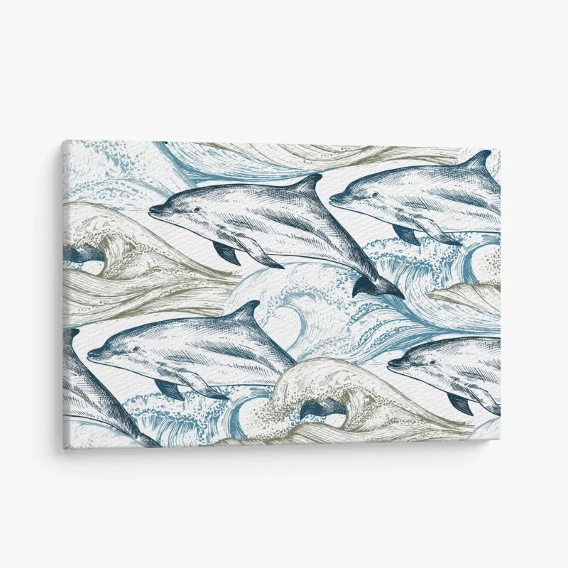 Cuadro en lienzo delfines y olas en estilo grabado