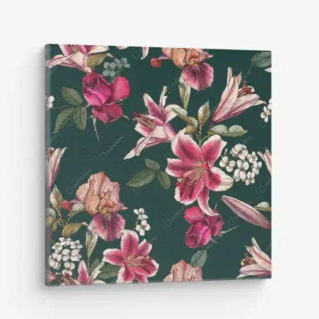 Cuadro en lienzo estampado floral vintage en tonos rosa y verde oscuro – Pixers®