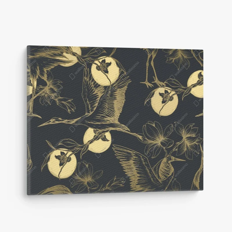 Cuadro en lienzo estampado elegante de garzas y flores doradas sobre fondo oscuro