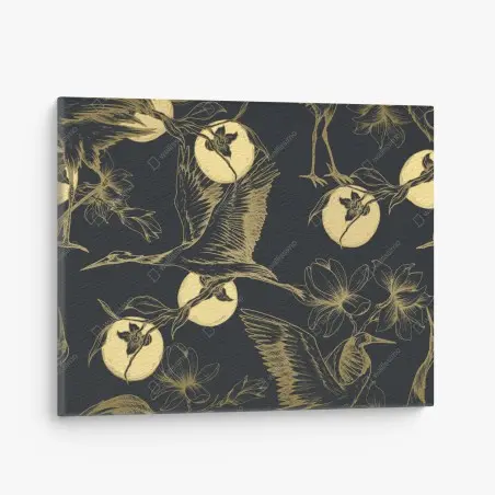 Cuadro en lienzo estampado elegante de garzas y flores doradas sobre fondo oscuro – Pixers®