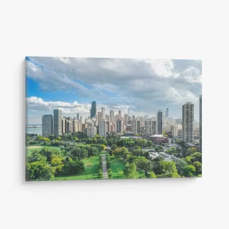 Cuadro en lienzo panorama urbano de Chicago con parque y lago – Pixers®