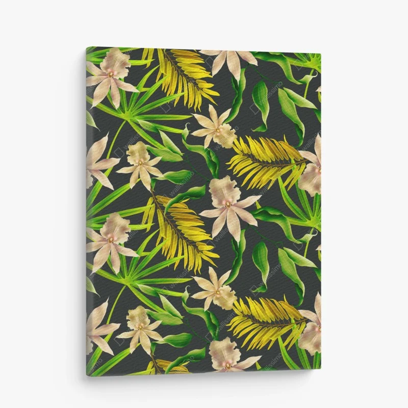 Cuadro en lienzo estampado tropical de orquídeas sobre fondo oscuro